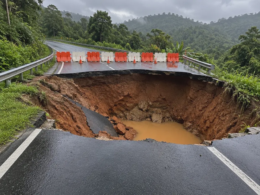 示意图：乡间联邦公路出现深陷坑，路障封闭全部车道