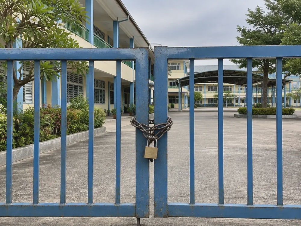 示意图:学校铁门上锁,校园空无一人