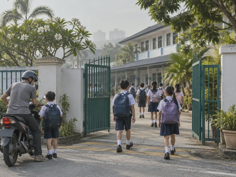 烟霾转淡的早上,学生背书包走进校门复课(示意图)