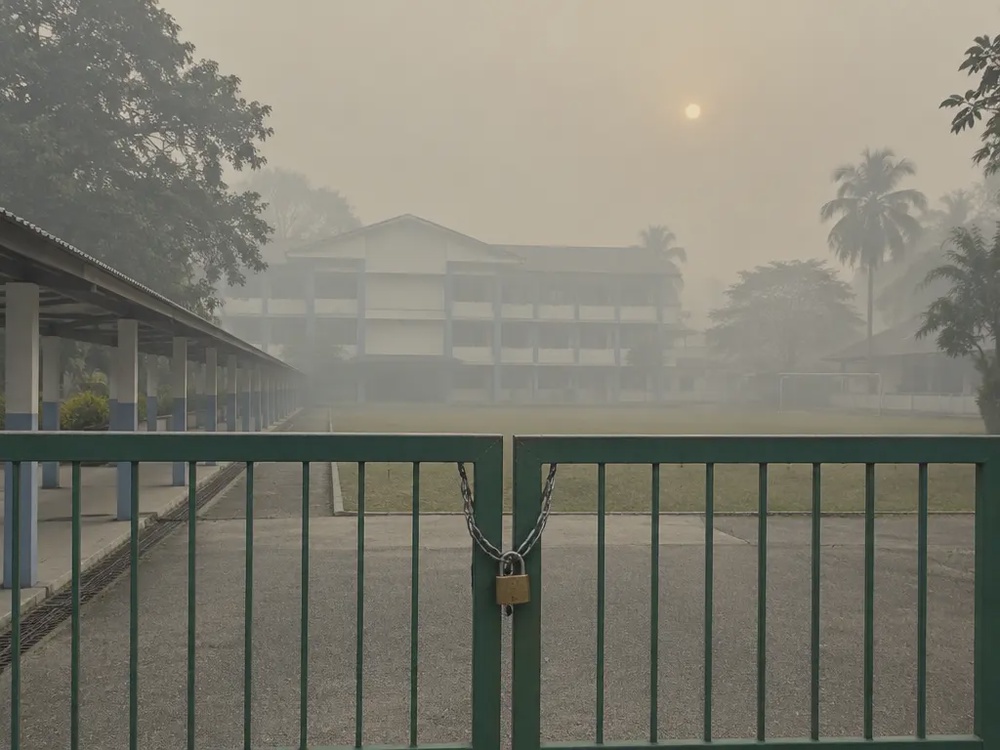 浓烟霾笼罩下校门深锁、校园空无一人(示意图)