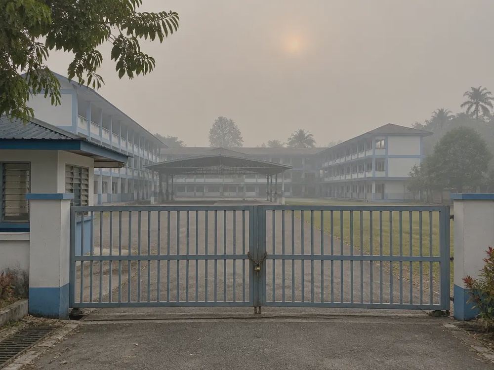 烟霾笼罩下大门紧闭、校园空无一人的马来西亚学校(示意图)