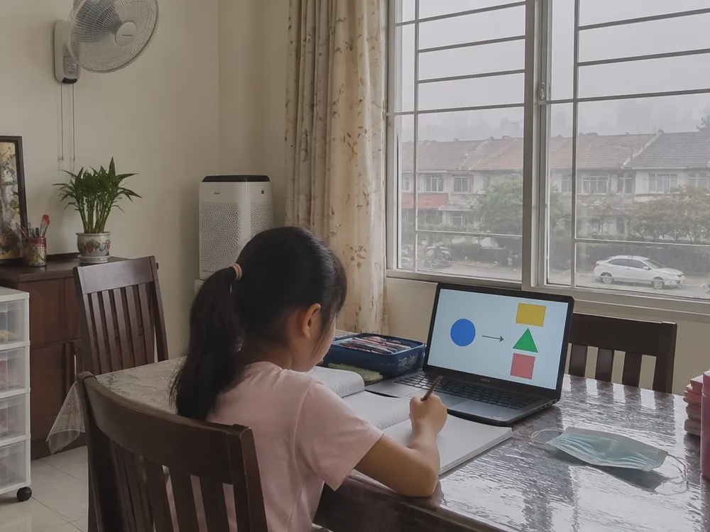 烟霾天孩子在家中对着电脑上网课,窗外一片灰蒙(示意图)