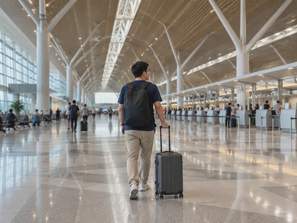 示意图:旅客推着行李走在大型国际机场出境大厅,非实际地点