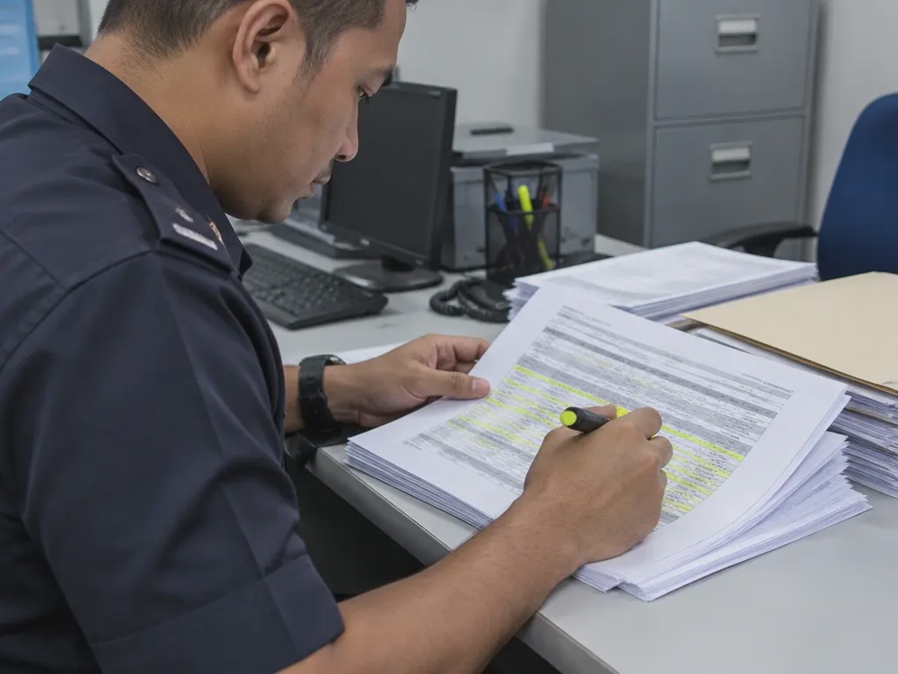 示意图：警方人员翻查银行交易记录，标出可疑转账