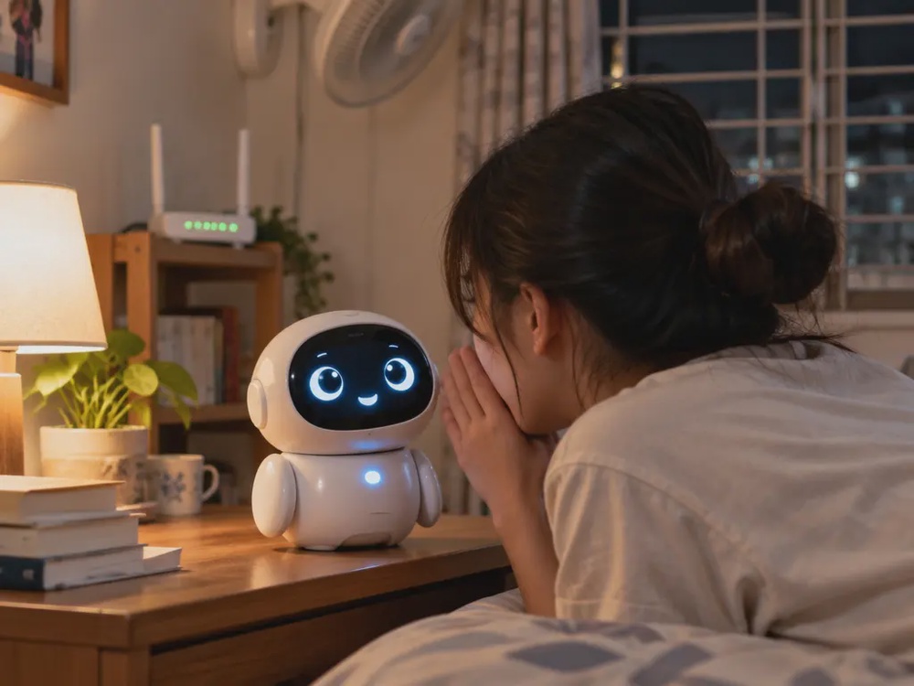 示意图:用户在家中对着外形可爱的AI陪伴机器人倾诉,背景路由器灯号闪烁