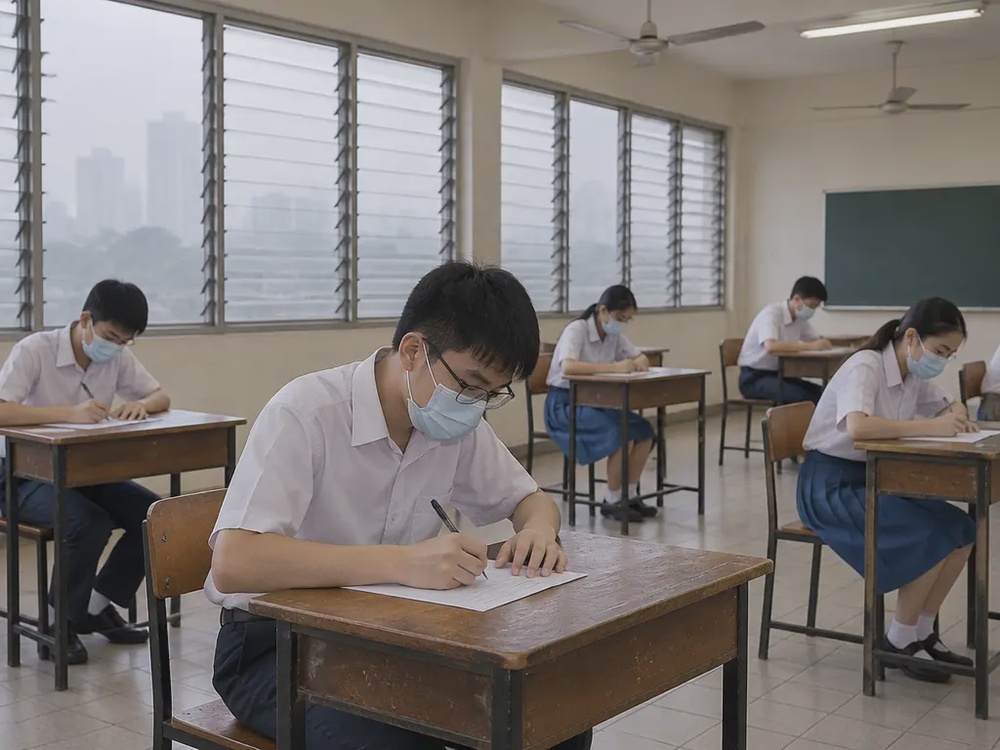 学生戴口罩、保持间距在考场应考的示意图