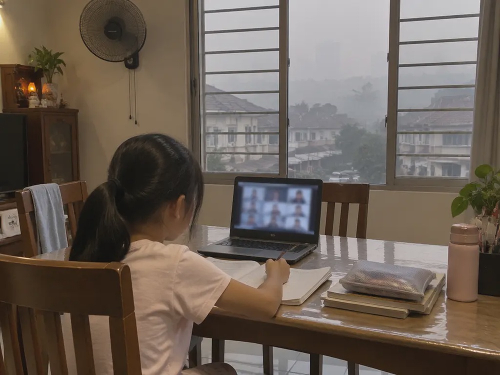 孩子在家中上网课，窗外烟霾弥漫的示意图