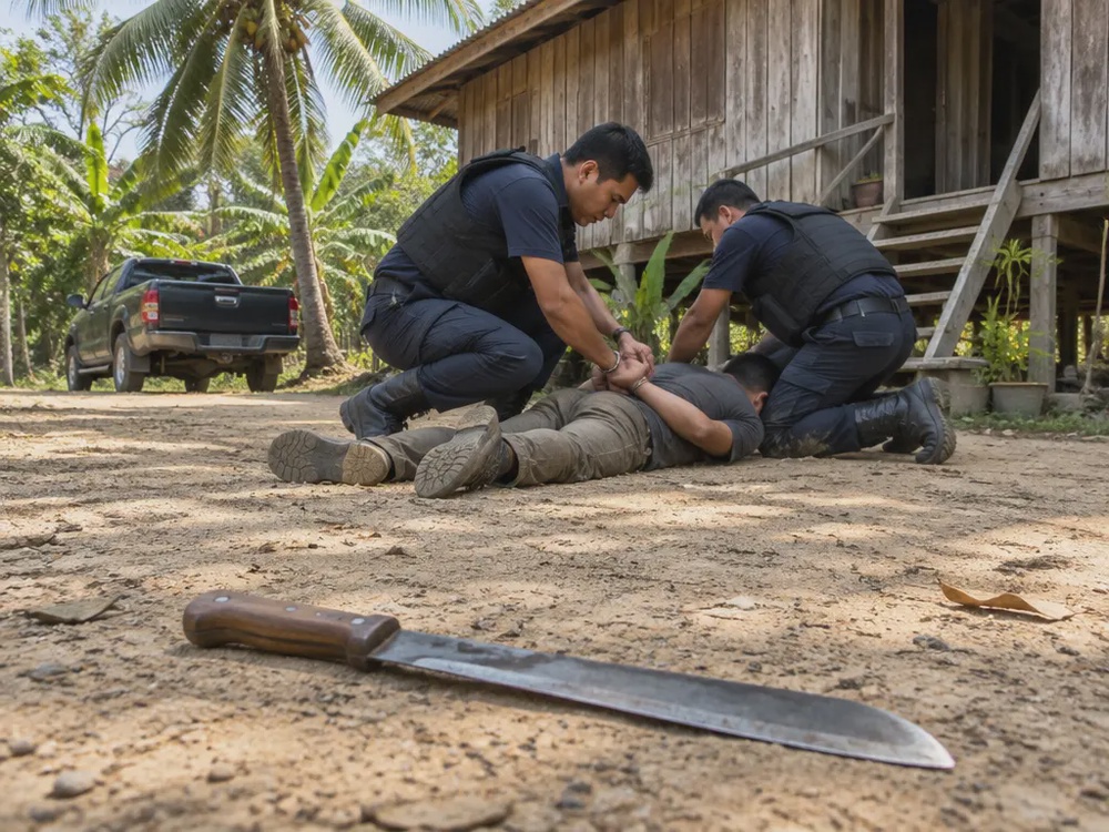 示意图：甘榜高脚木屋前，地上一把巴冷刀，警员在后方制服嫌犯