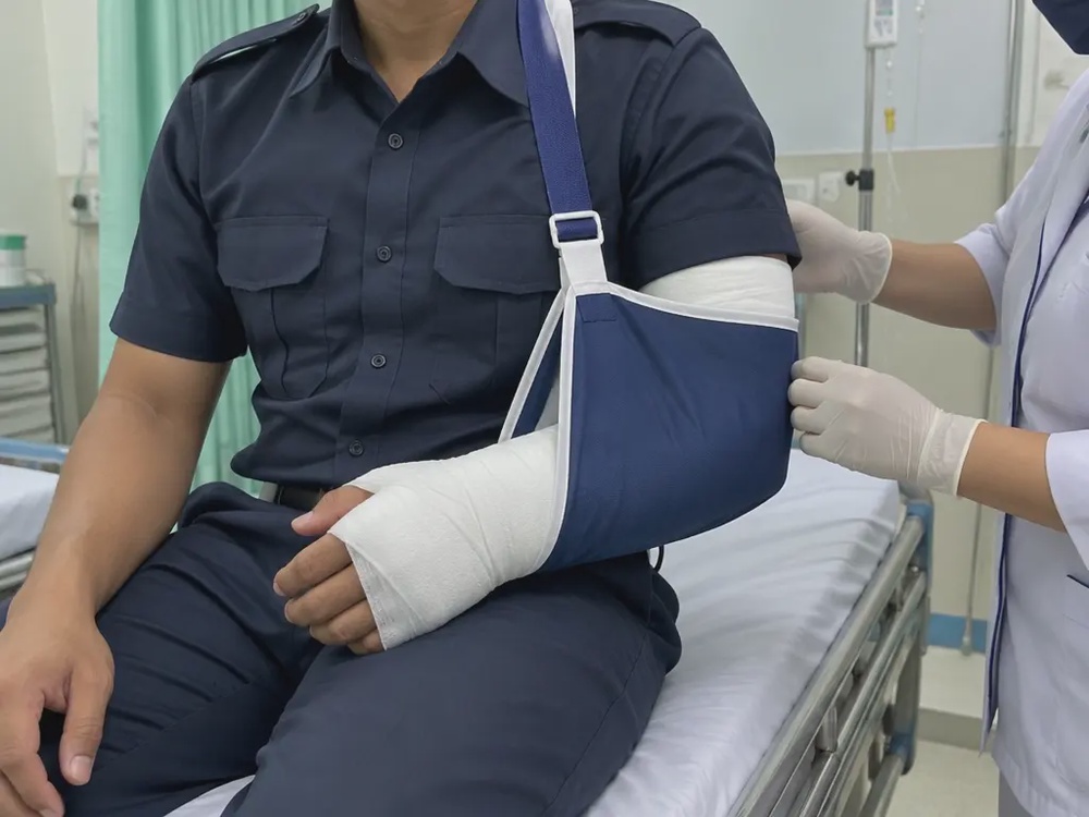 示意图：警员左手前臂打上石膏夹板吊着臂带，在医院急诊室接受处理