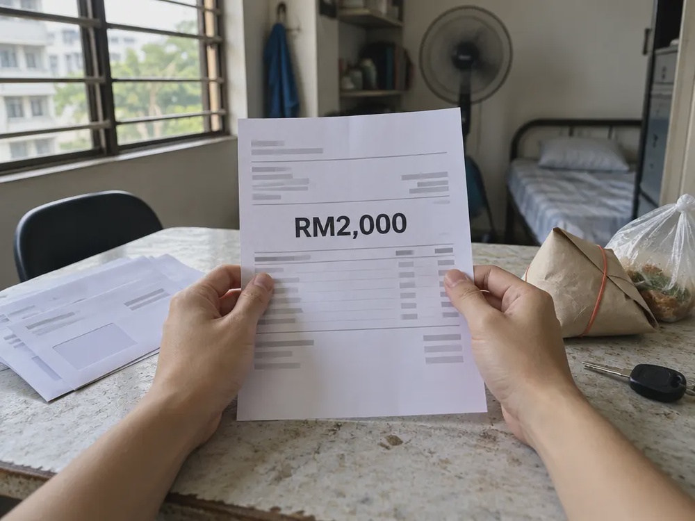示意图：打工族手持写着RM2,000的薪水单，旁边是账单和饭包