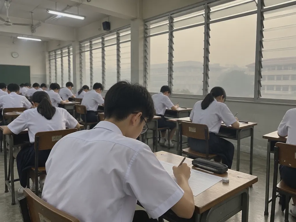 示意图：考生在学校礼堂应考，窗外烟霾灰蒙
