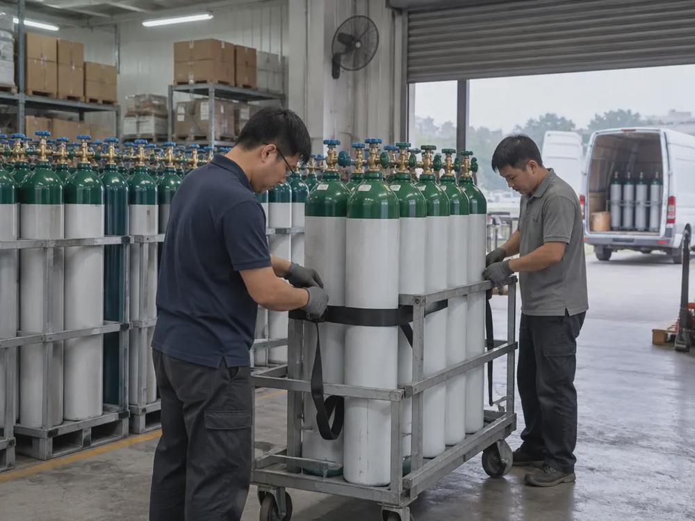 示意图：本地医疗器材公司仓库员工赶工搬运、装载氧气瓶准备出货
