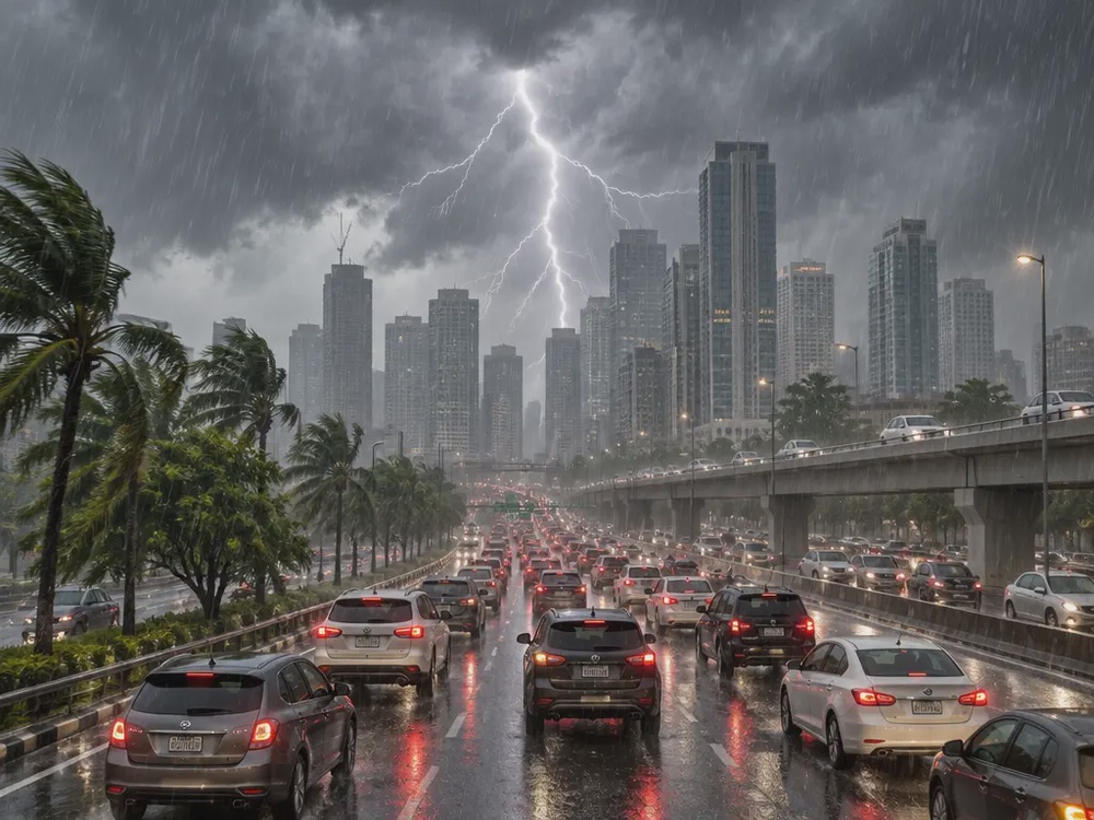示意图：雷电划过城市高楼，大雨强风中车辆亮灯慢行