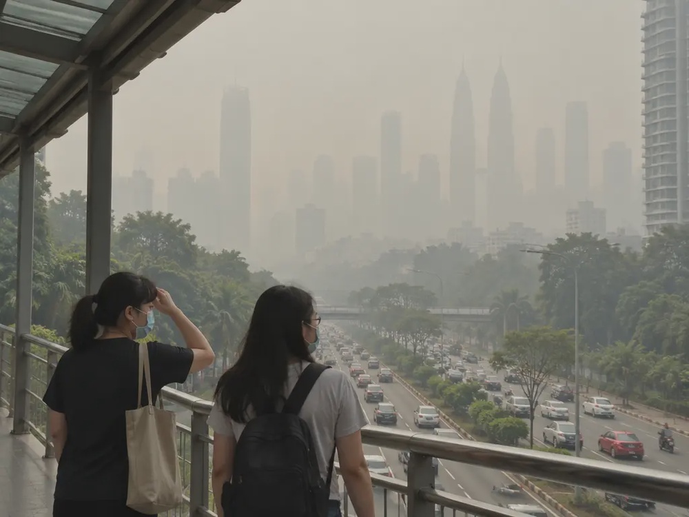 示意图:吉隆坡高楼被灰黄烟霾笼罩,行人戴口罩走在天桥上