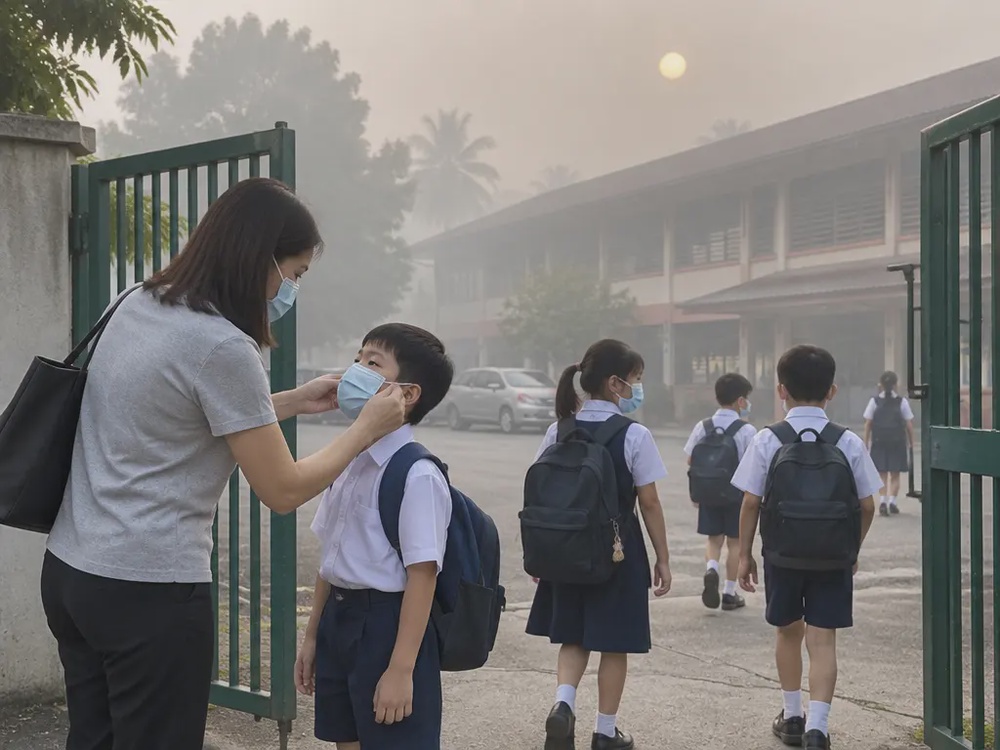 烟霾笼罩的早上，戴口罩的学生走进校门