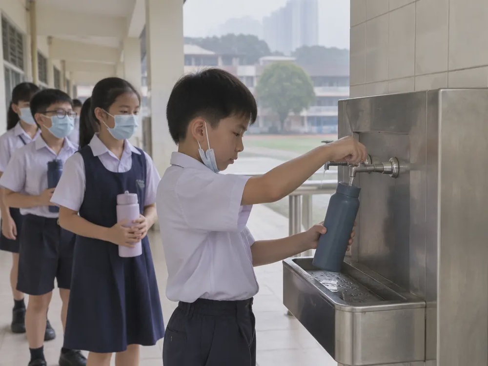 学生在学校饮水机前装水