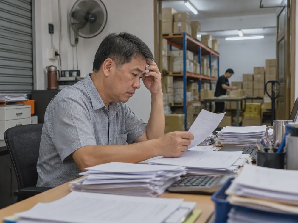 中小企业老板在店屋办公室整理一叠叠账单和发票(示意图)