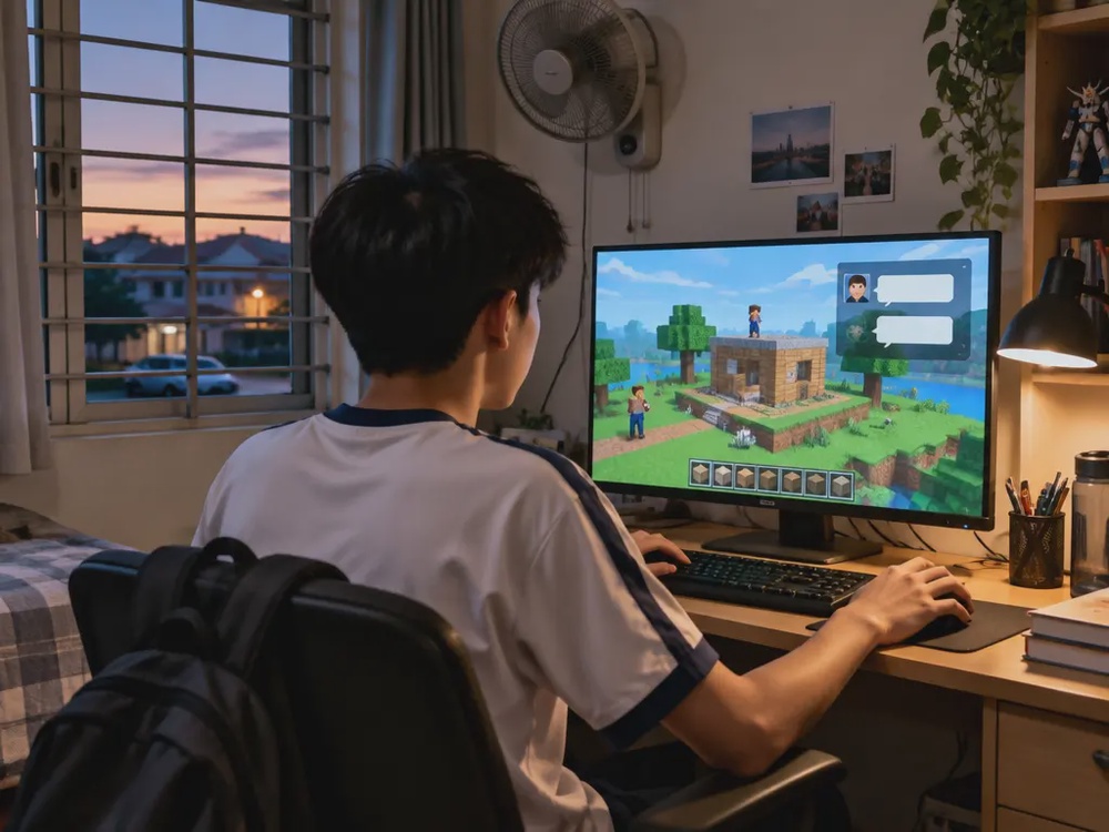 示意图:少年在家中电脑玩积木风格网络游戏,游戏聊天窗弹出陌生头像