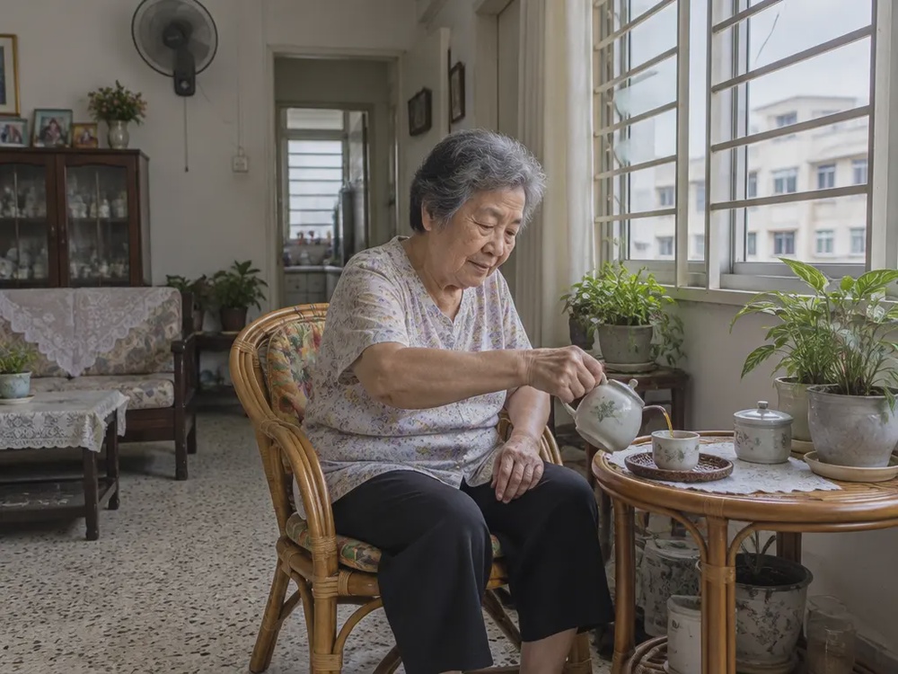 独居乐龄女士在组屋客厅藤椅上倒茶的示意图
