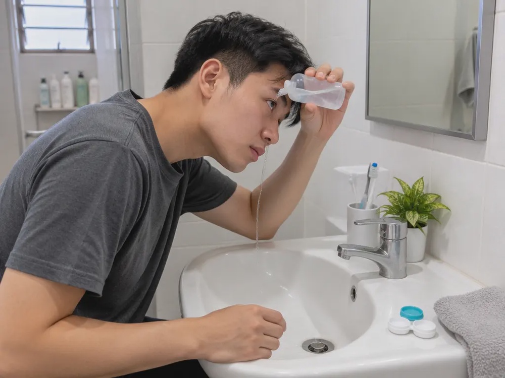 隐形眼镜使用者摘下镜片后,用生理盐水冲洗受刺激的眼睛