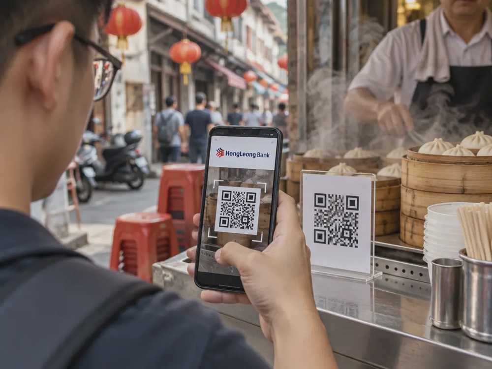 示意图：游客在中国街边小吃摊用手机扫描二维码付款，手机画面显示丰隆银行标志