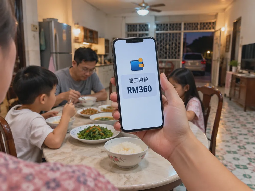 砂拉越家庭在家中查看电子钱包资料卡示意画面，显示第三阶段RM360