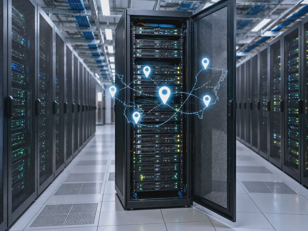 示意图:数据中心服务器机架,象征行踪资料的储存与掌控问题