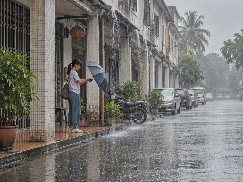 示意图:北马小镇店屋走廊外持续下雨,民众撑伞准备出门