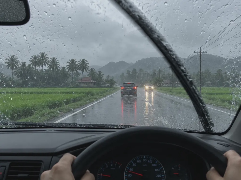 示意图:雨中驾车经过北马稻田公路,挡风玻璃满是雨水