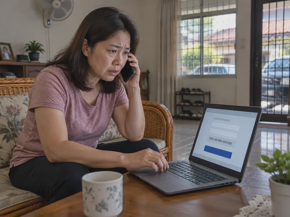 示意图：民众一边接听催促电话，一边准备在电脑上确认转账