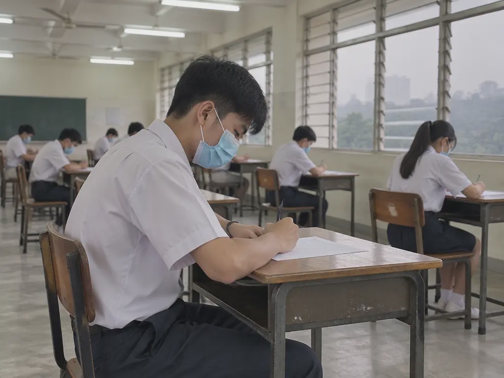 示意图：烟霾天，戴口罩的中学生在考场内应考