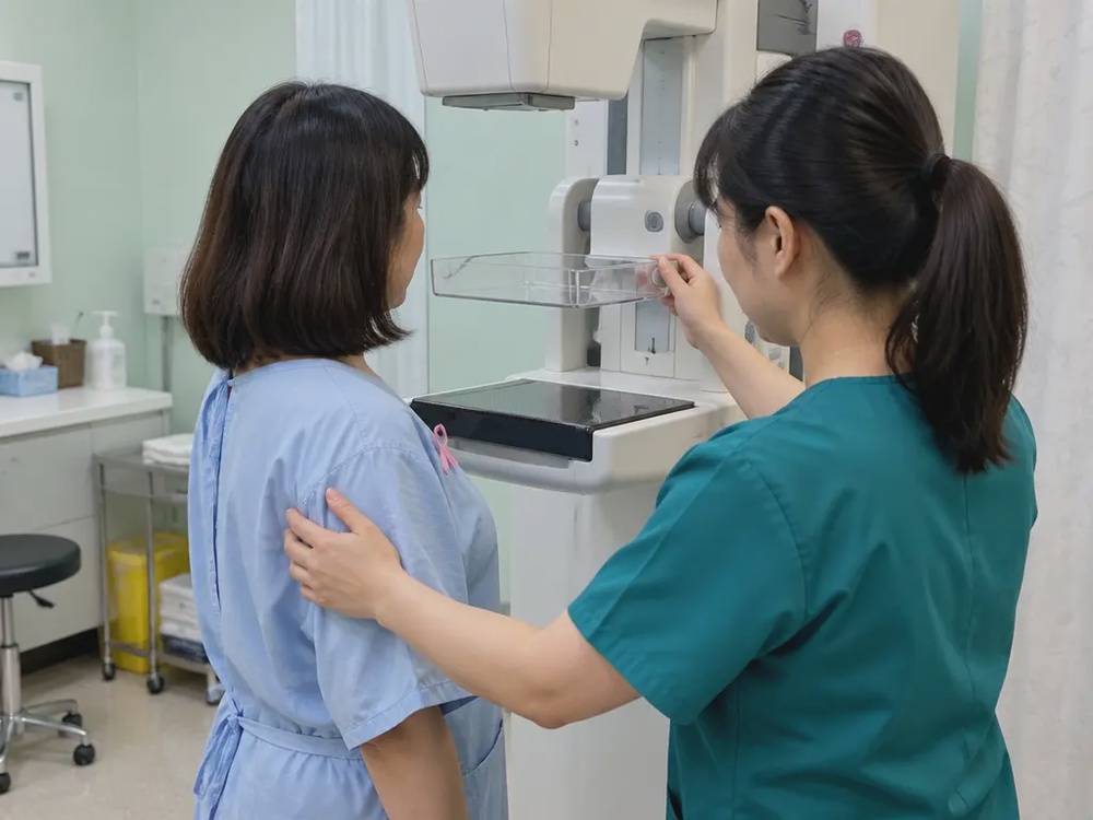 示意图：一名中年女性在诊所接受乳房X光检查，放射技师在一旁调整机器
