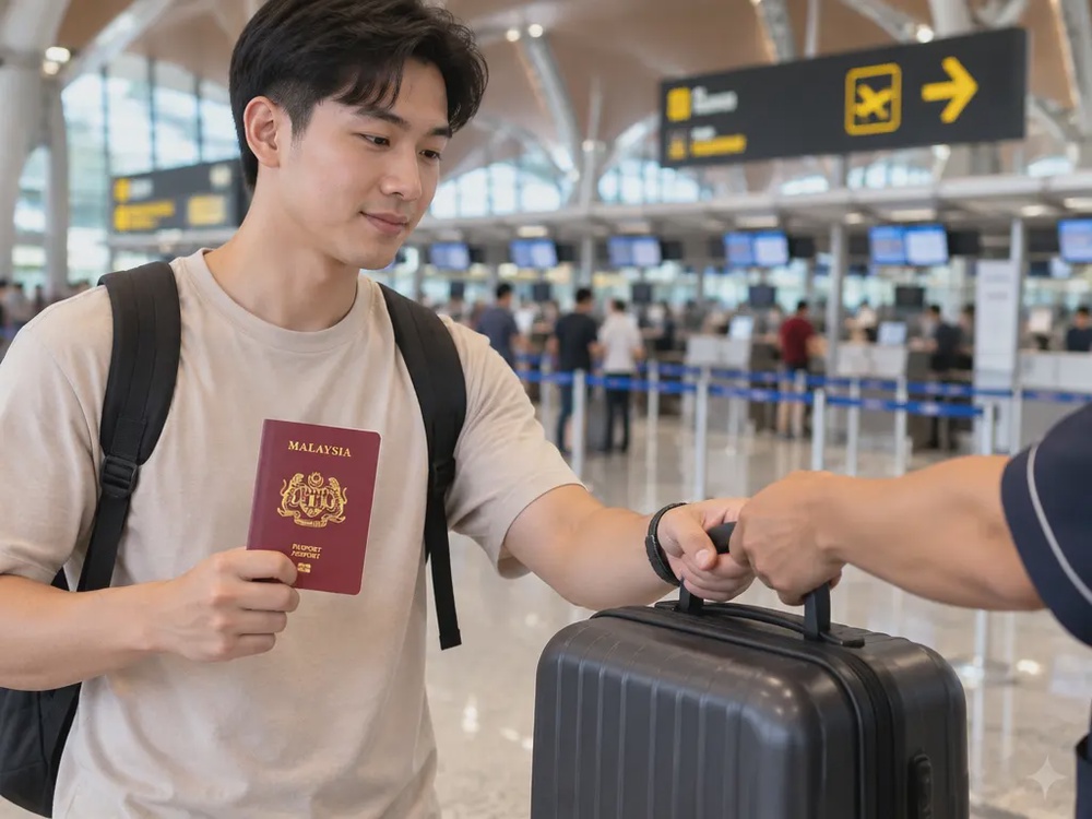 示意图：大马青年在机场出发大厅接过别人递来的行李箱