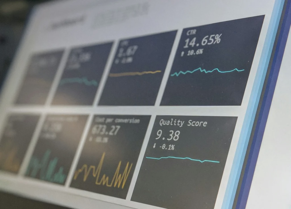 Dashboard showing KPI metrics like CTR and conversion rates, representing software performance tracking and analytics.