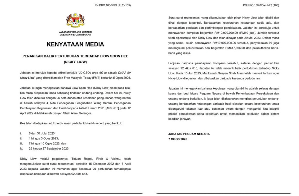 Image from: 26 pertuduhan wang haram terhadap Nicky Liow ditarik balik selepas bayar kompaun RM10 juta : AGC