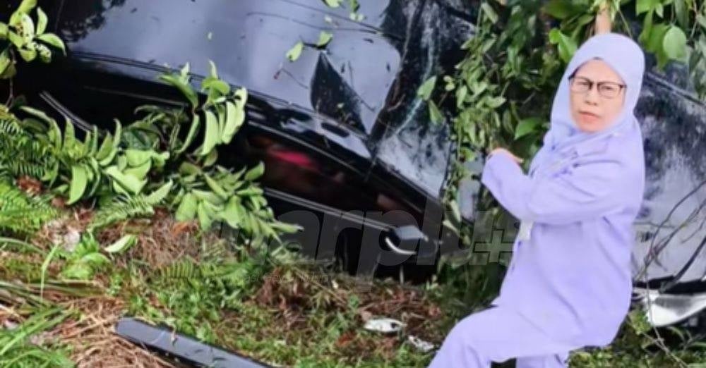 Image from: Hujan lebat, kereta jatuh gaung, tindakan nekad PPK wanita ini buat ramai sebak. 'Sudah tugas saya'