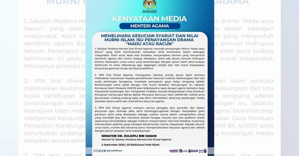 Image from: Drama 'Madu atau Racun' cetus kontroversi, JPM tolak tayangan – Menteri Agama ingatkan soal akidah dan nilai moral