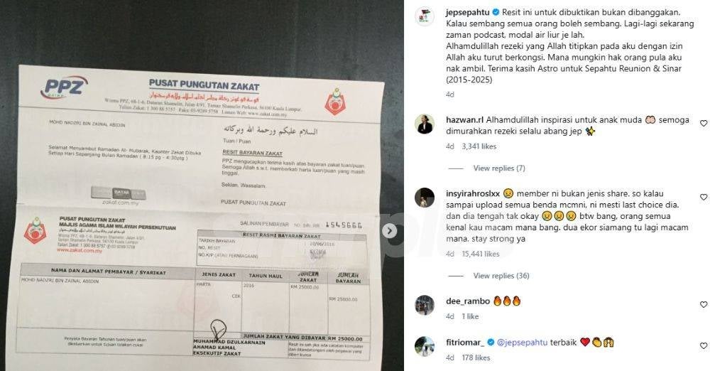 Image from: ‘Tahniah Jep, wira dan inspirasi!’ Bayar zakat RM1.935 juta, Menteri Agama puji keberanian Jep dedah rekod