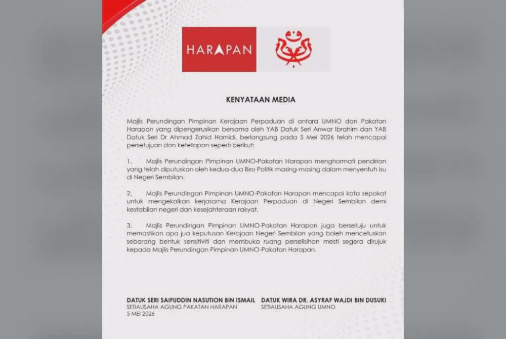 Image from: UMNO, PH sepakat kekal kerjasama Kerajaan Perpaduan di Negeri Sembilan