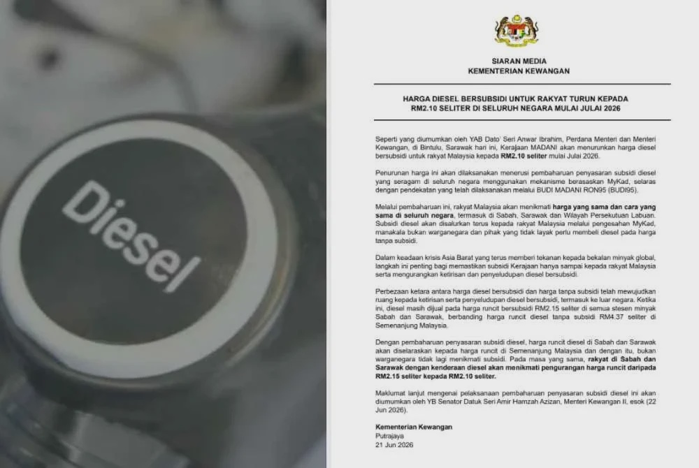 Image from: Harga diesel bersubsidi turun kepada RM2.10 seliter mulai Julai 2026