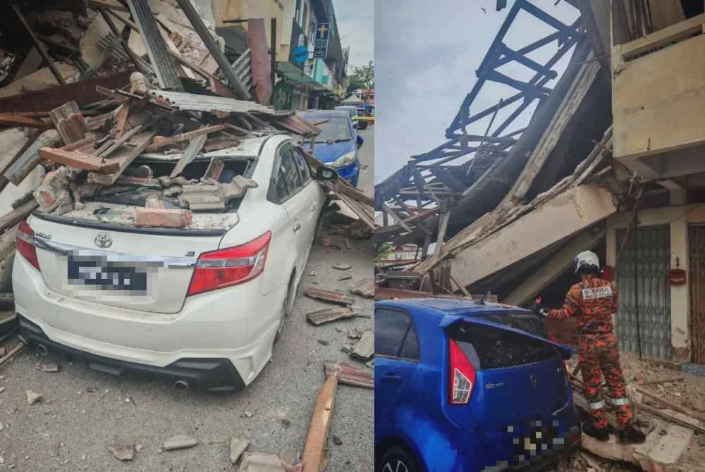 Image from: Bangunan rumah kedai runtuh, hempap dua kenderaan