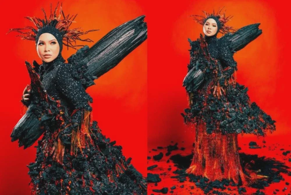 Image from: Melinda Looi guna lima kilogram arang hasilkan busana 'gunung berapi' Aina Abdul