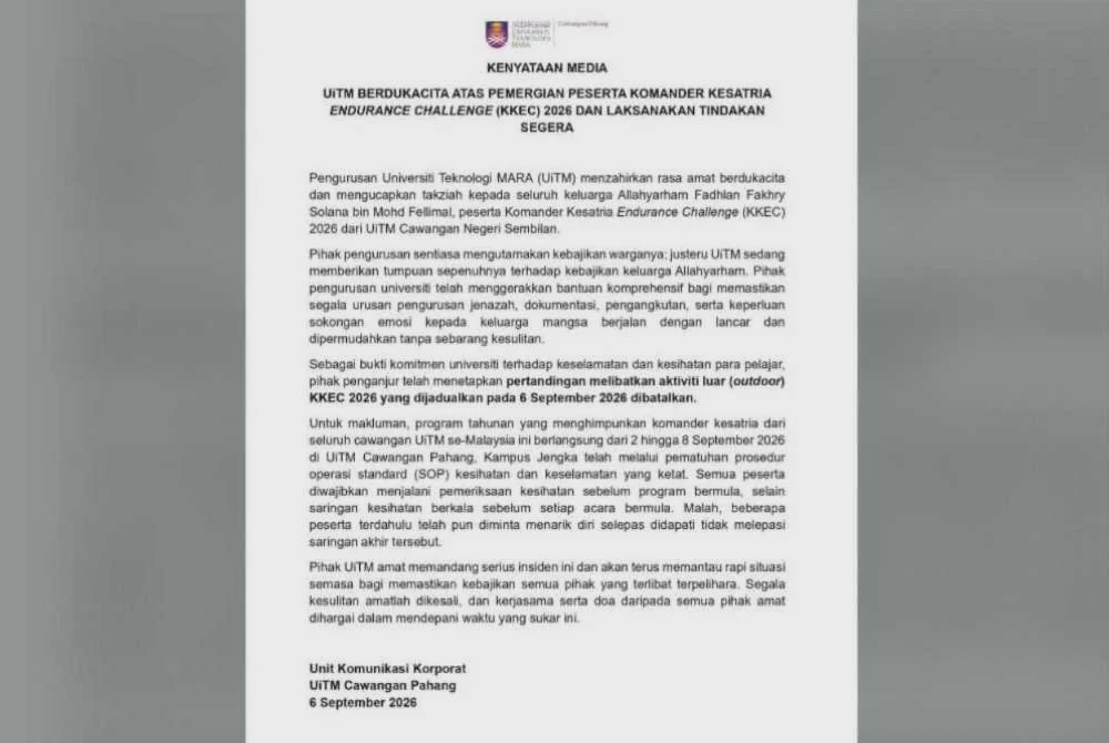 Image from: Seorang peserta KKEC UiTM meninggal dunia, lapan lagi tidak sedar diri