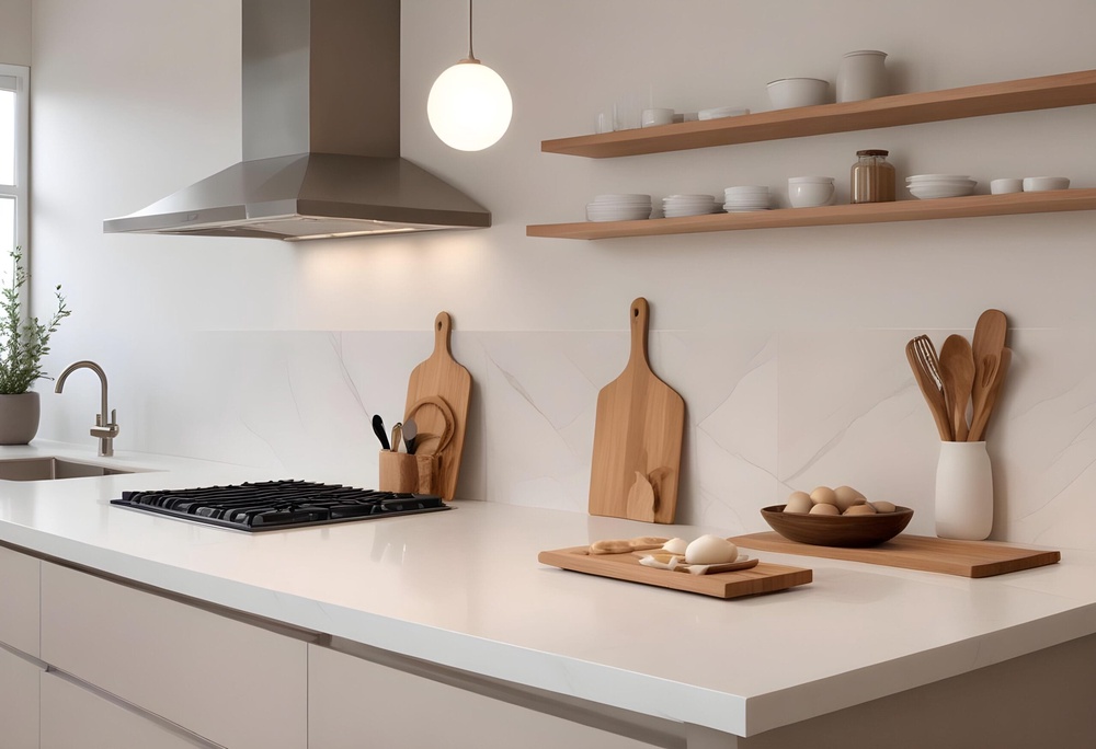Gas hob set into a white kitchen countertop with wooden chopping boards