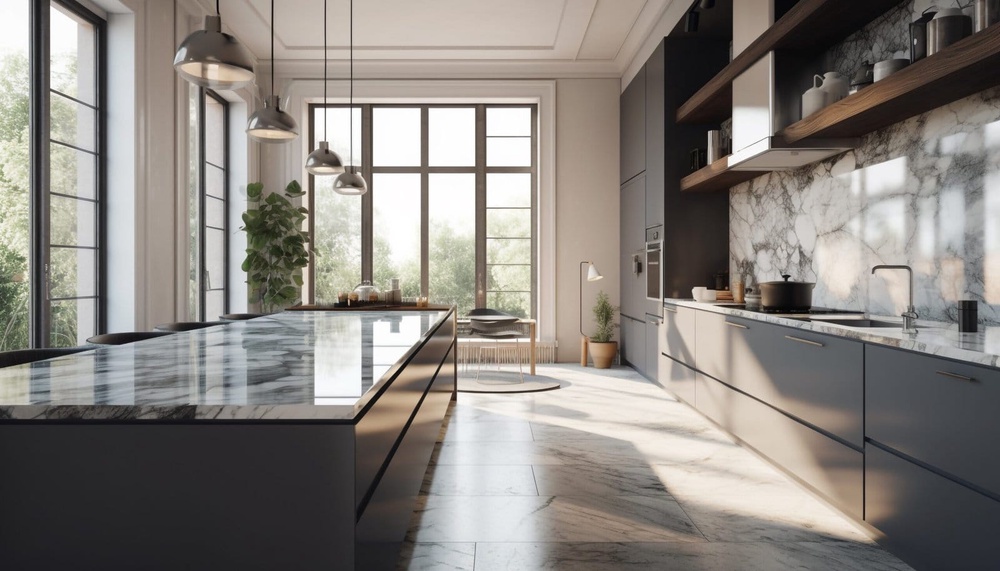 Grey veined stone island countertop on dark kitchen cabinets with tall windows