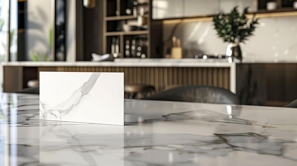 Marble-look countertop sample resting on a stone kitchen island
