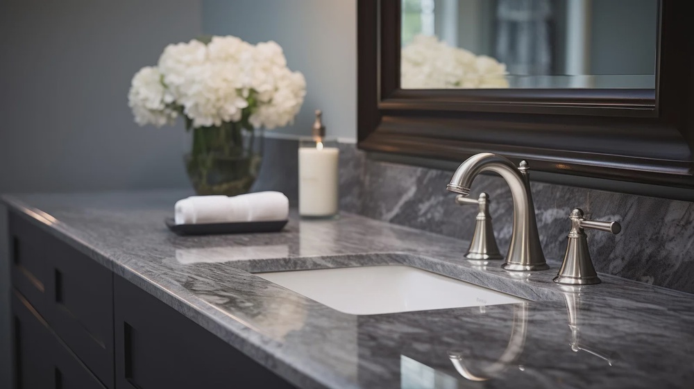 Undermount sink in a grey granite countertop with a polished cut-out edge