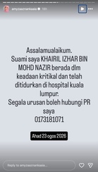 Suami Amyza Aznan Kritikal, Terpaksa Ditidurkan Di HKL Akibat Paru-Paru Berair