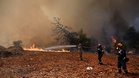 Helicopters and firefighters fight fast-moving wildfire near Athens