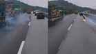 [VIDEO] Cemas tayar treler tercabut, bergolek terbakar atas lebuh raya